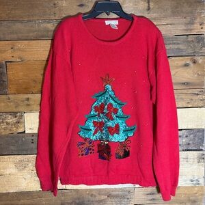 Lindsey Blake Women’s Sweater XL Red Vintage Sequined Embroidered Christmas Tree